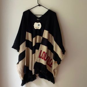 Black & Cream Fringe Poncho Cape with Red Lettering